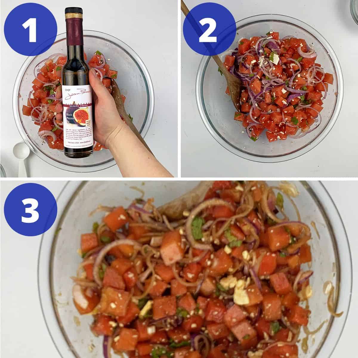 Process for making watermelon feta salad.