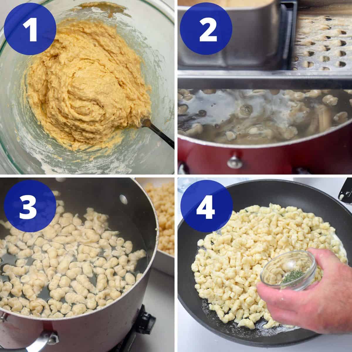 Showing how to make Spaetzle and fry it.