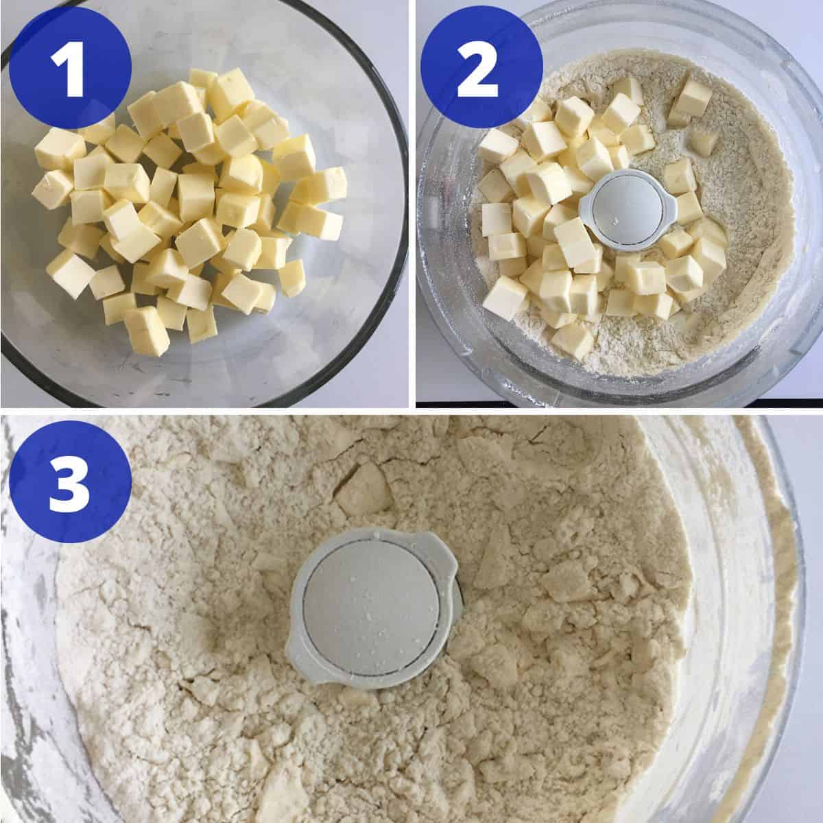 Process for mixing butter pie crust in Food Processor.