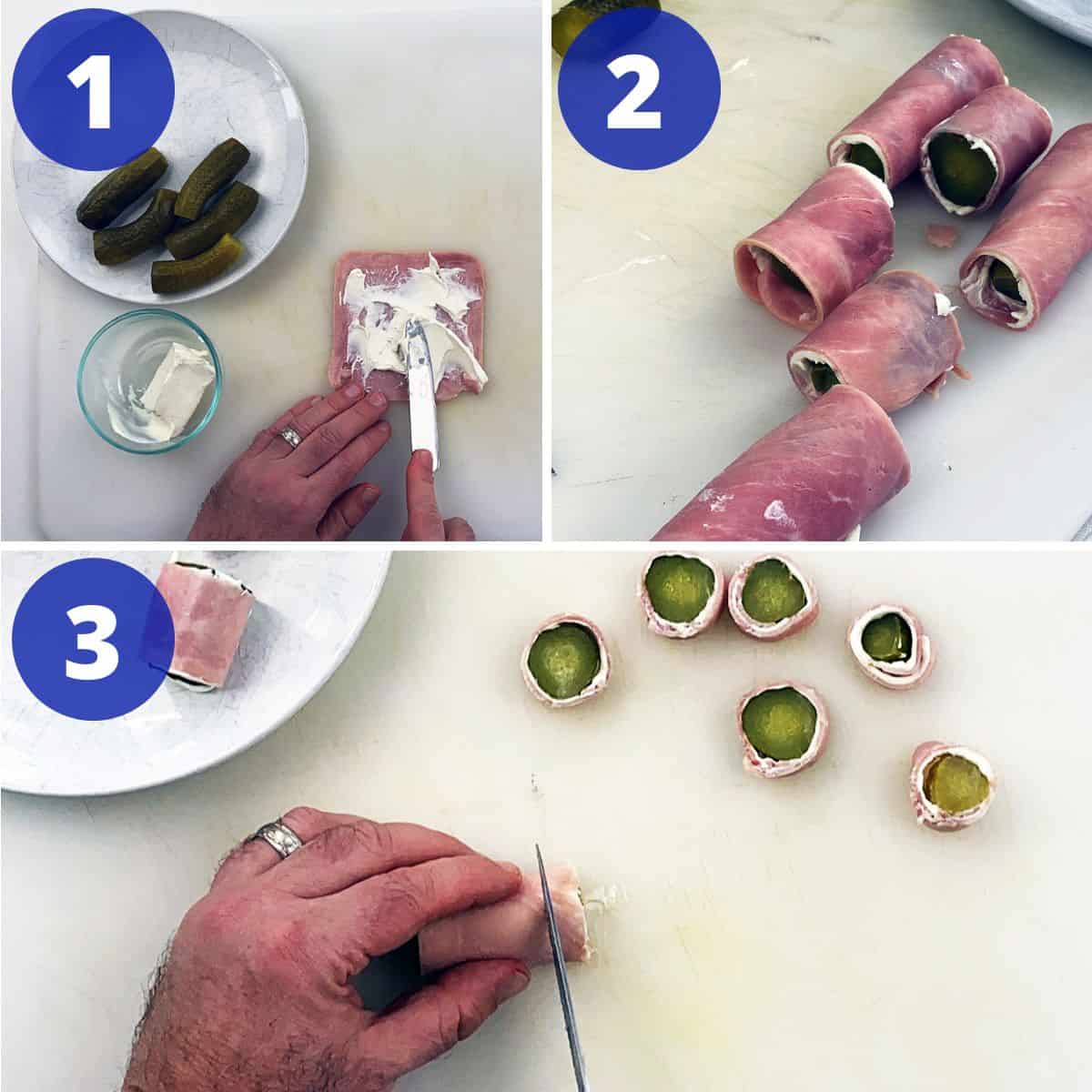 Process for making potluck pickle wrap appetizers.