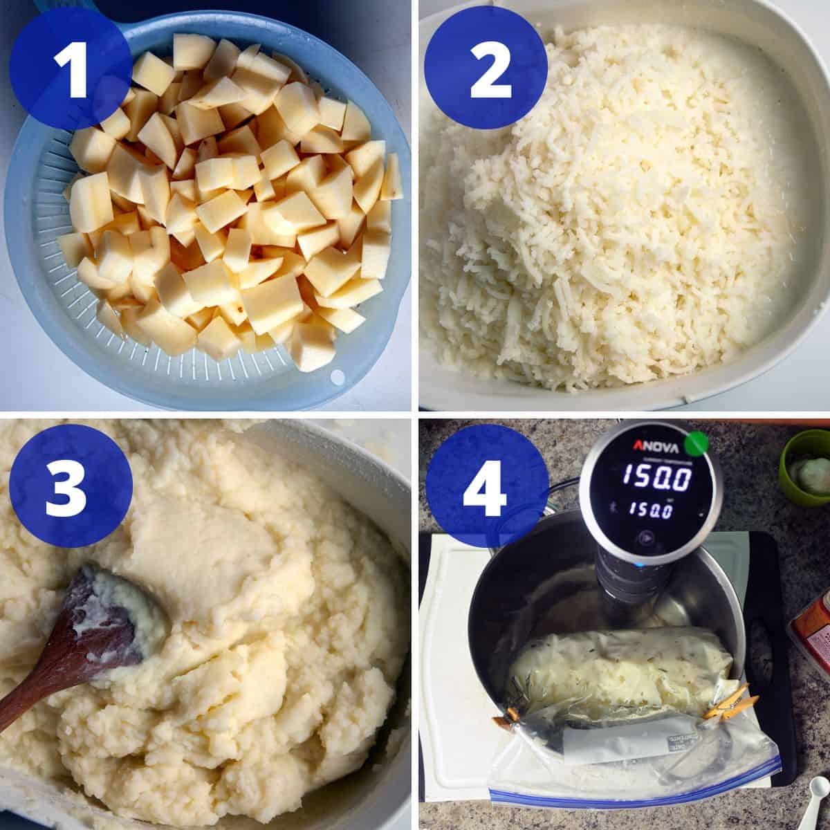 Process for making sous vide mashed potatoes.