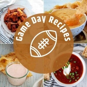 Game Day Recipes text with a background of queso, wings, chili, and chip dip.