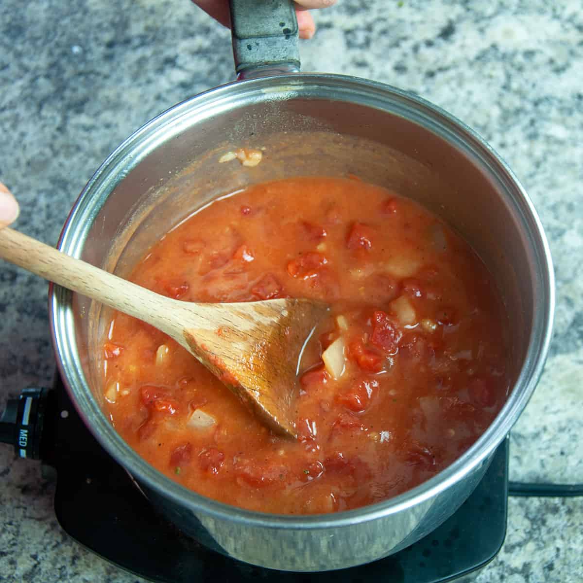 Stirring a pot of homemade enchilada sauce