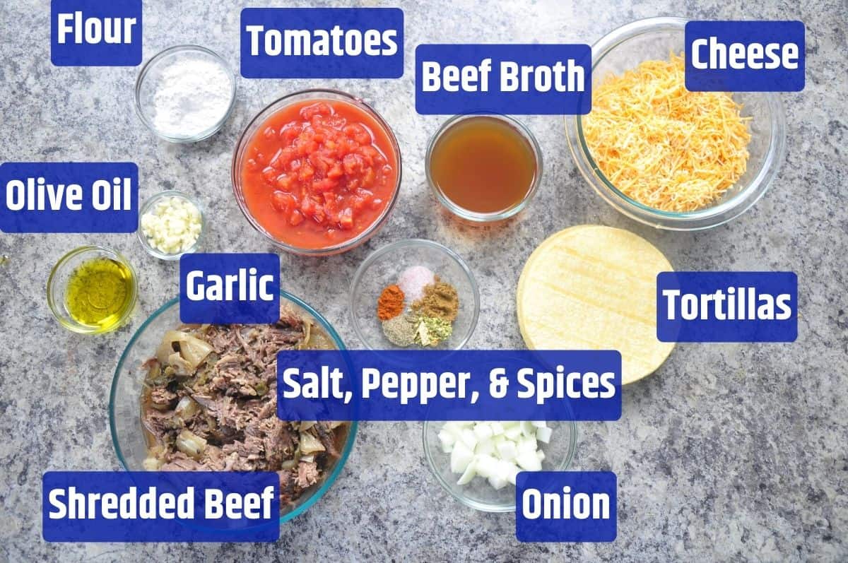 Ingredients for Beef Enchiladas with Homemade Enchilada Sauce.