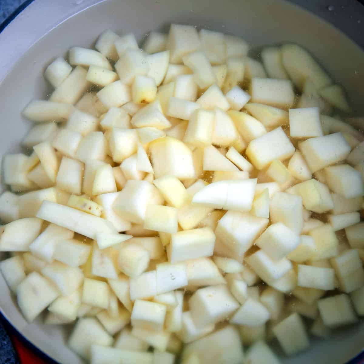 Cut potatoes soaking in water.