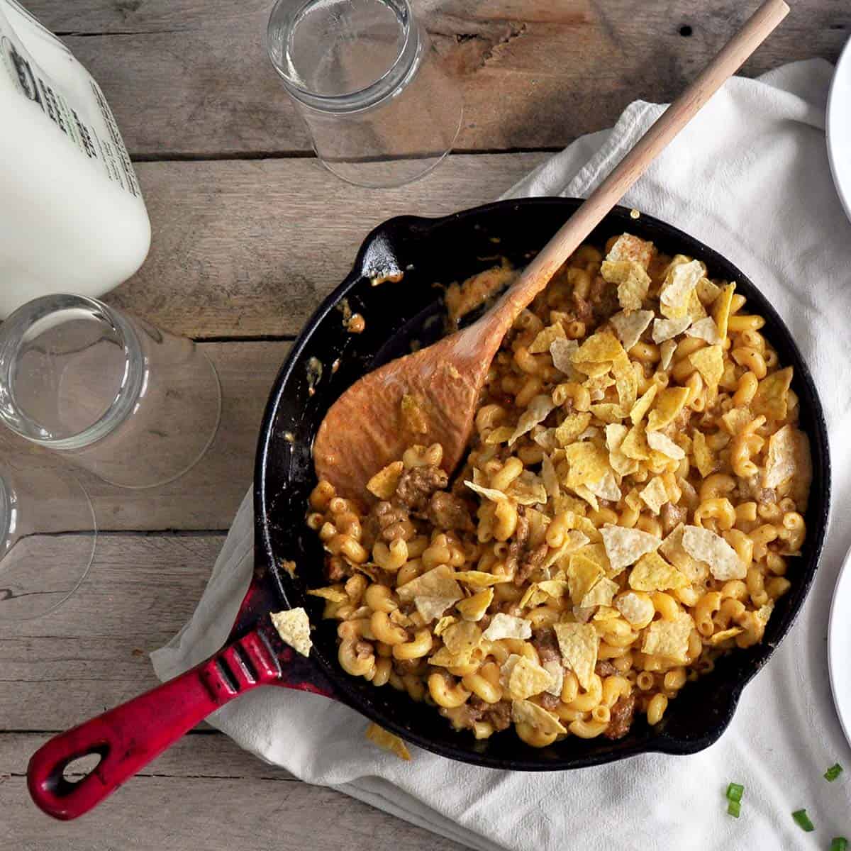 Completed beefy taco mac skillet.