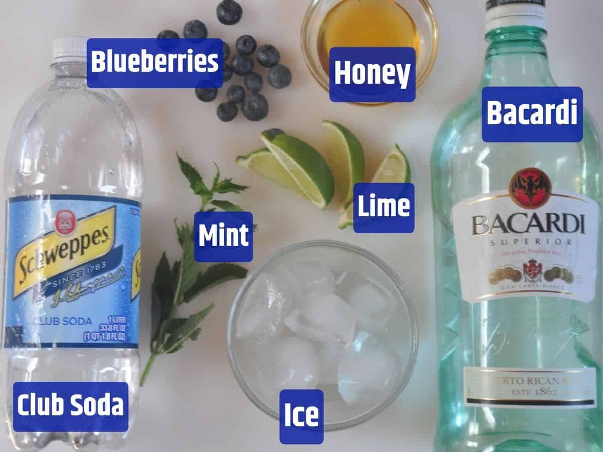 Honey Blueberry Mojito ingredients.