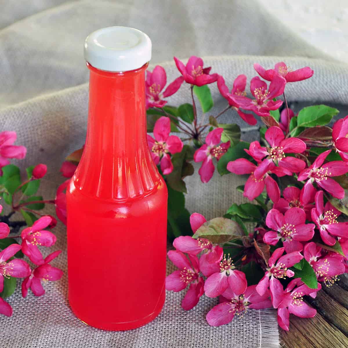 Rhubarb Syrup in a bottle on a picnic table with flowers laying around.