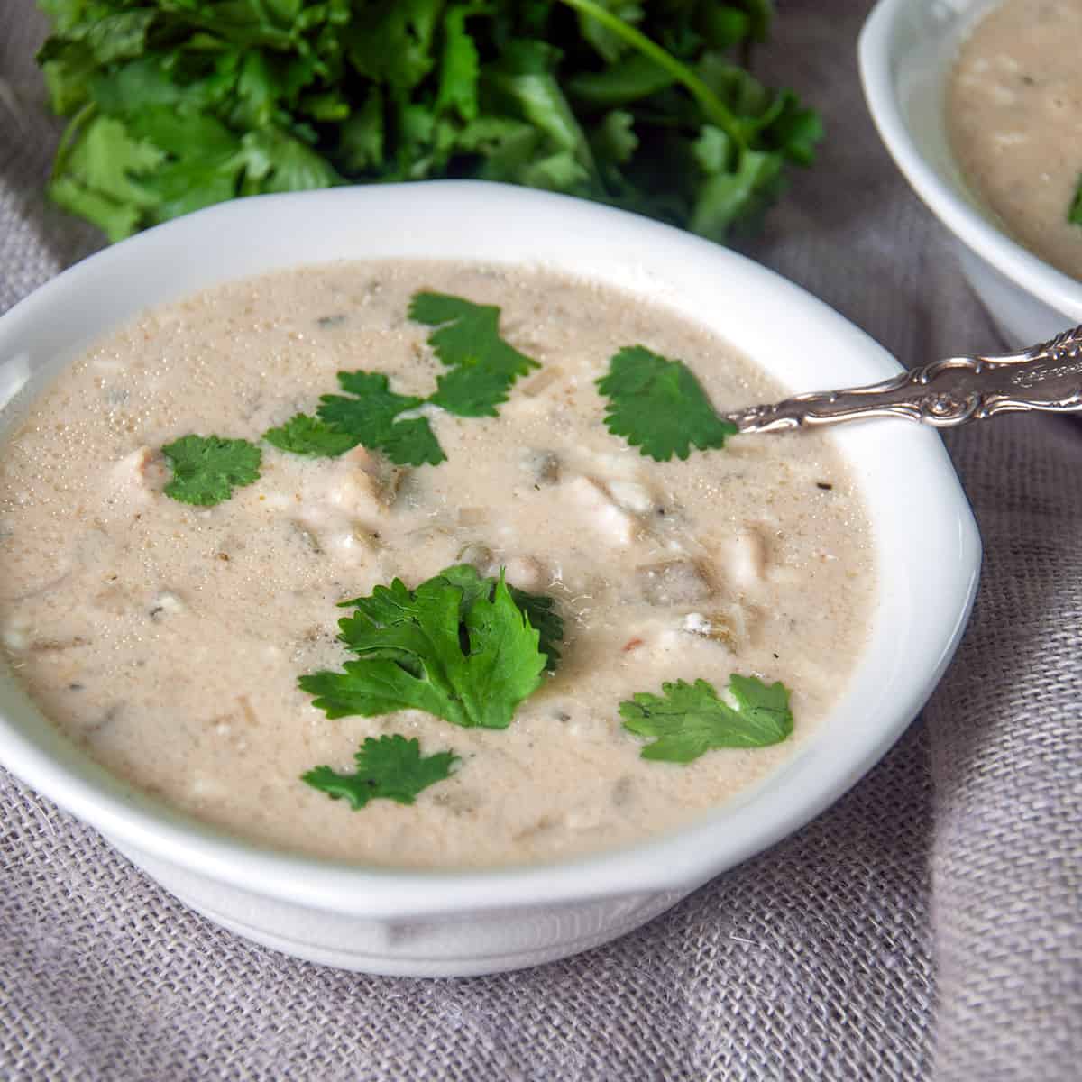 White chicken chili in a white bowl topped with cilantro.