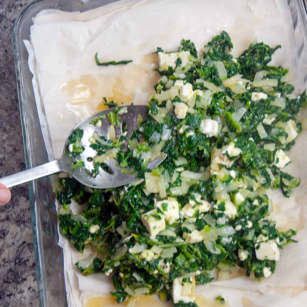 Spinach mixture laying on phyllo dough.