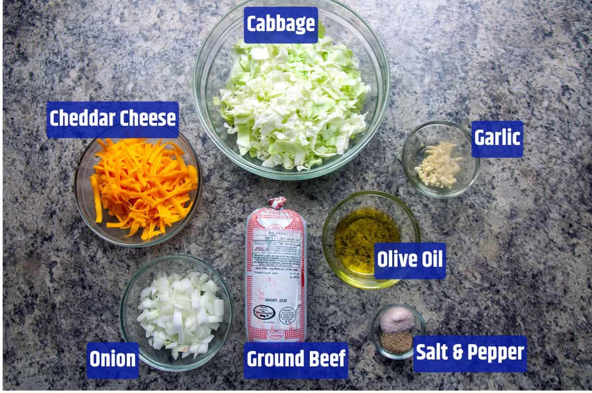 Bierock filling ingredients laid out individually.