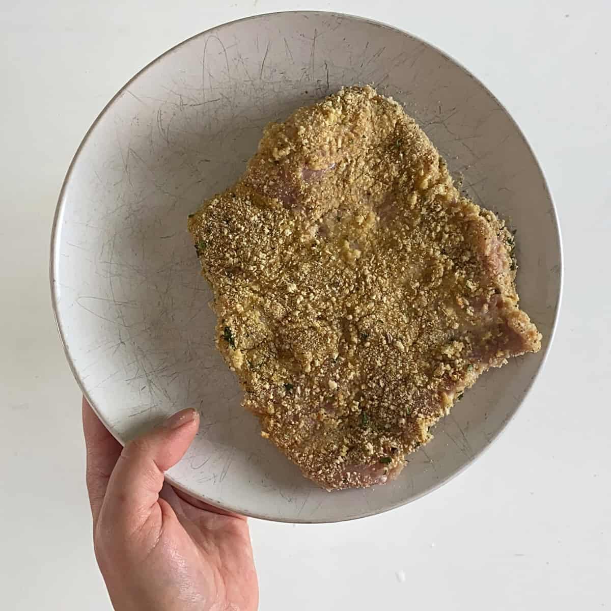 Breaded pork on a white plate.