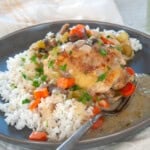 Chicken Fricassee on a bed of white rice and a fork.