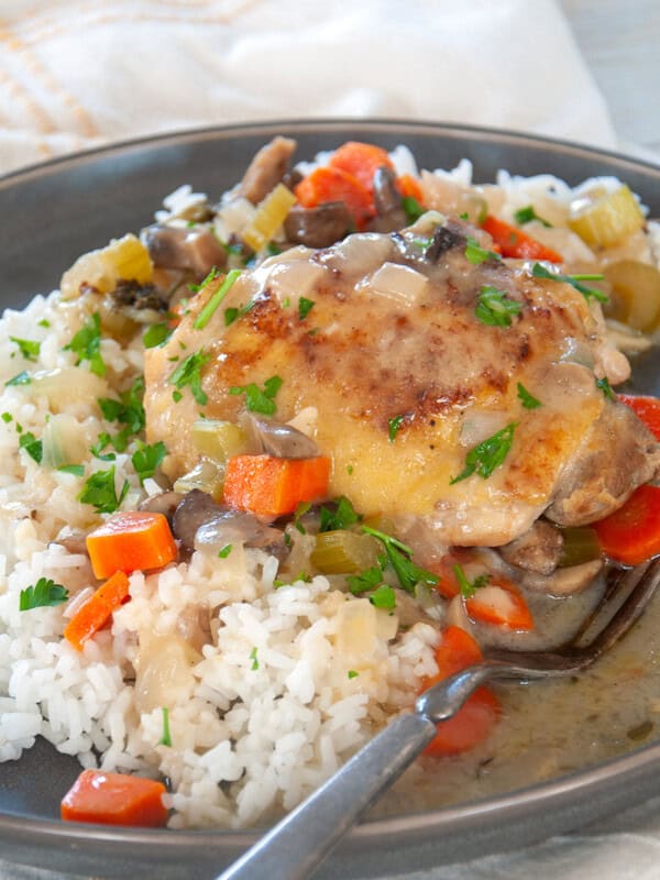 Chicken Fricassee on a bed of white rice and a fork.