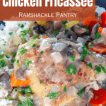 Traditional Chicken Fricassee on a plate with rice.