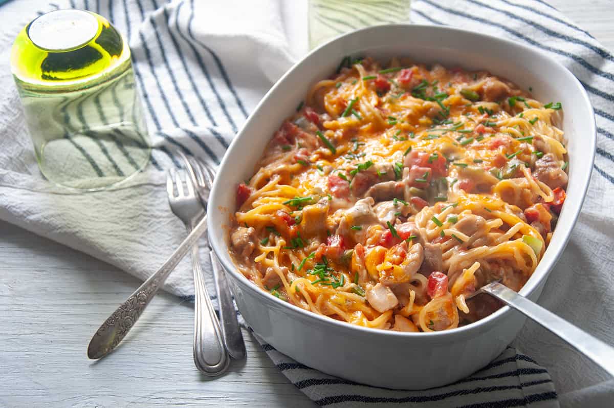 Chicken Spaghetti Chicken Spaghetti casserole in a white dish.