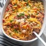 Chicken Spaghetti casserole in a dish.