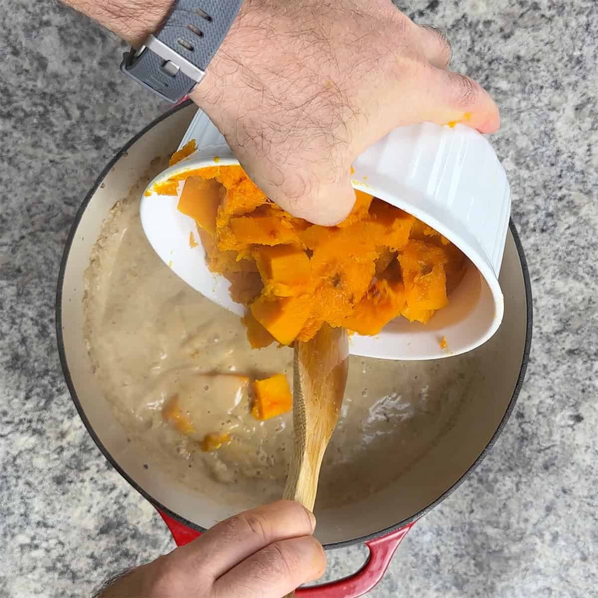 Dumping blocks of roasted pumpkin into the soup.
